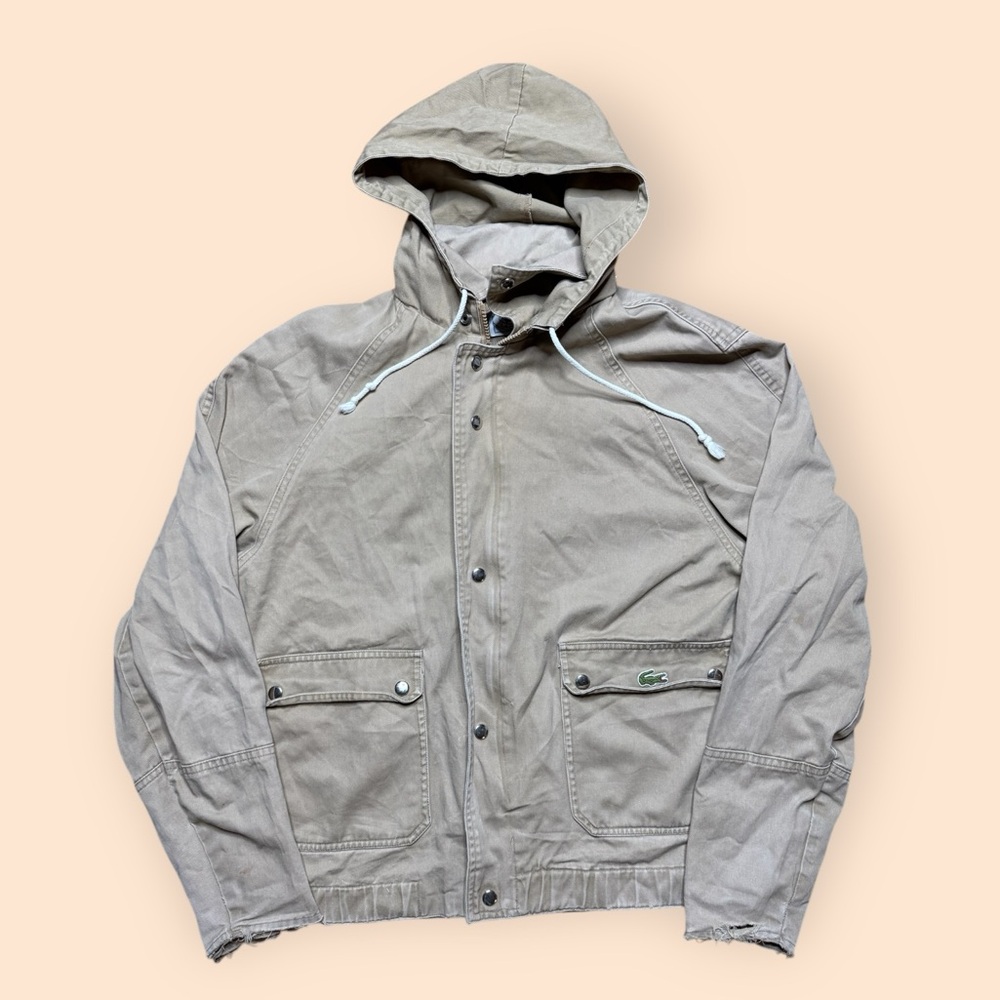 Vintage 1980s Izod Lacoste Zip Up Hooded Canvas Jacket Large Vtg 80s